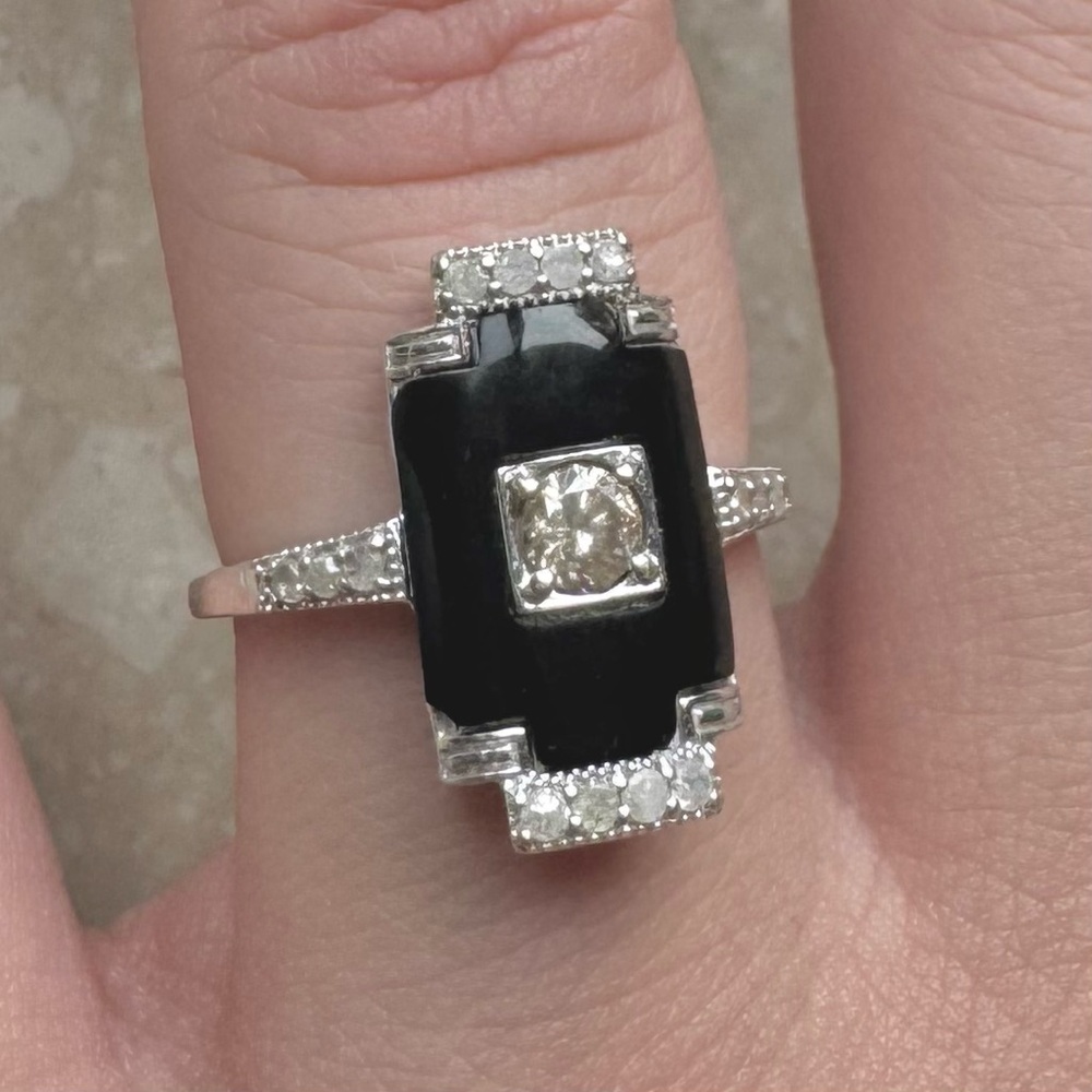 Onyx Diamond Art Deco Edwardian Shield 14k White Gold Vintage Shield Ring